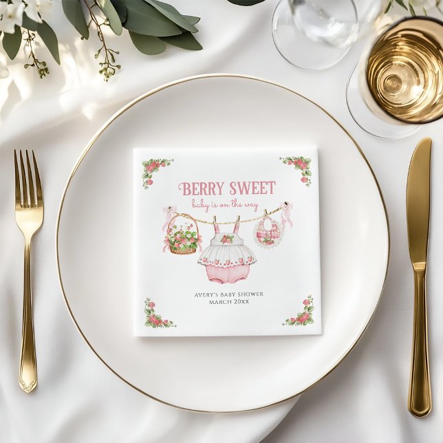 Strawberry Berry Sweet Modern Baby Girl Shower Napkin (Creator Uploaded)