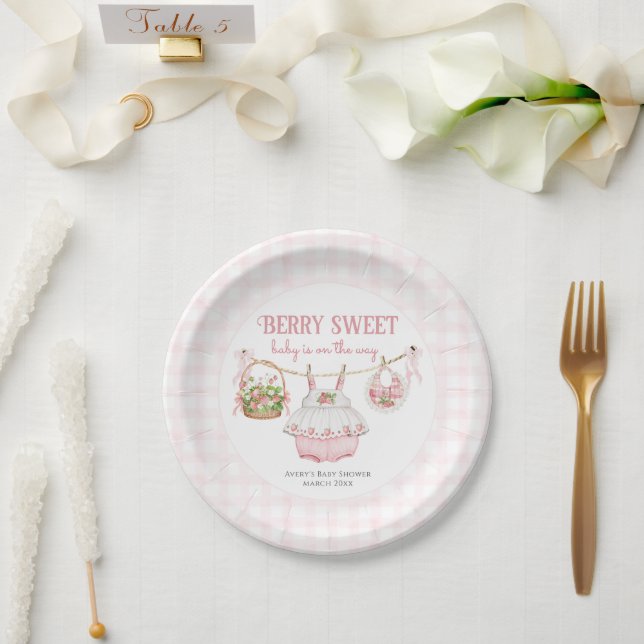 Strawberry Berry Sweet Modern Baby Girl Shower Paper Plate (Wedding)