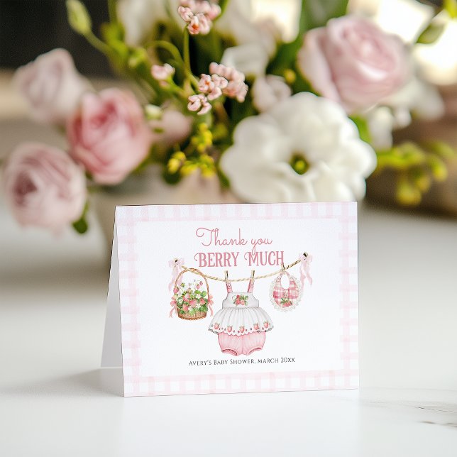 Strawberry Berry Sweet Modern Baby Girl Shower Thank You Card (Creator Uploaded)