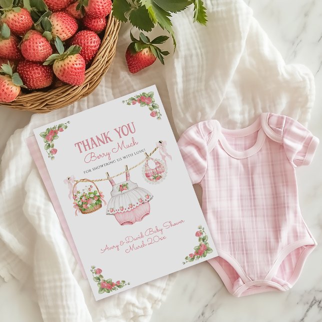 Strawberry Berry Sweet Modern Baby Girl Shower Thank You Card (Creator Uploaded)