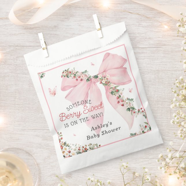 Strawberry Berry Sweet Pink Bow Baby Shower Favour Bags (Clipped)