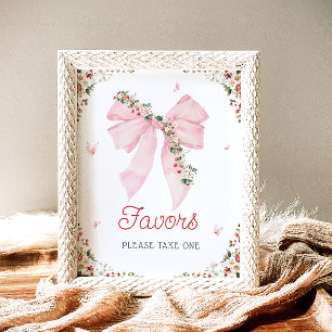 Strawberry Berry Sweet Pink Bow Baby Shower Favour Poster