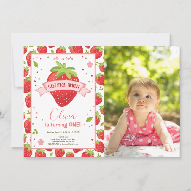 Strawberry Berry Sweet Pink Red First Birthday Invitation (Front)
