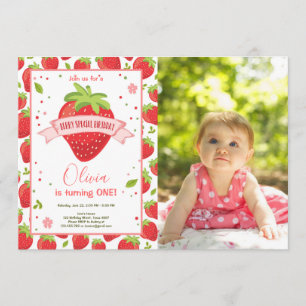 Strawberry Berry Sweet Pink Red First Birthday Invitation