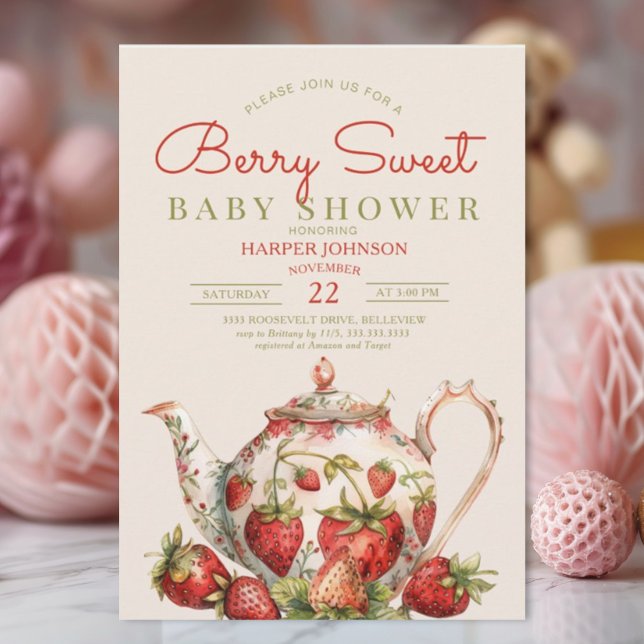 Strawberry Berry Sweet Teapot Baby Shower Invitation (Creator Uploaded)