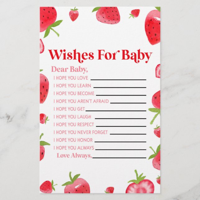 Strawberry Berry Wishes For Baby Shower Activity Stationery (Front)