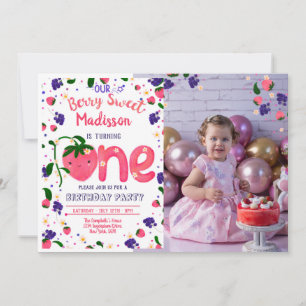 Strawberry BerrySweet FIRST Birthday Invitation