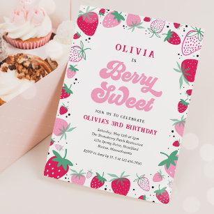 Strawberry Birthday Berry Sweet Birthday Party Inv Invitation