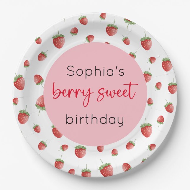 Strawberry Birthday Berry Sweet Paper Plate (Front)