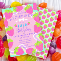 Strawberry Birthday Blue Pink Invitation card