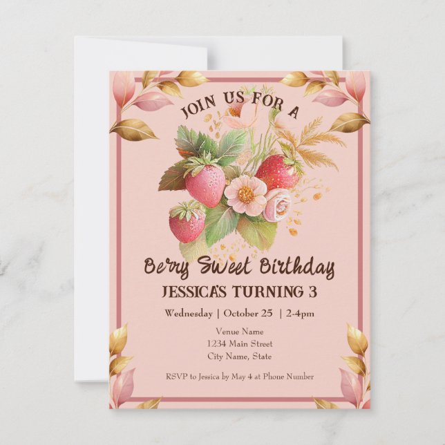 Strawberry Birthday Boho Pink Invitation (Front)