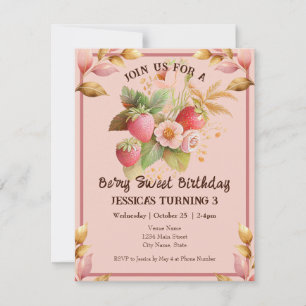 Strawberry Birthday Boho Pink Invitation