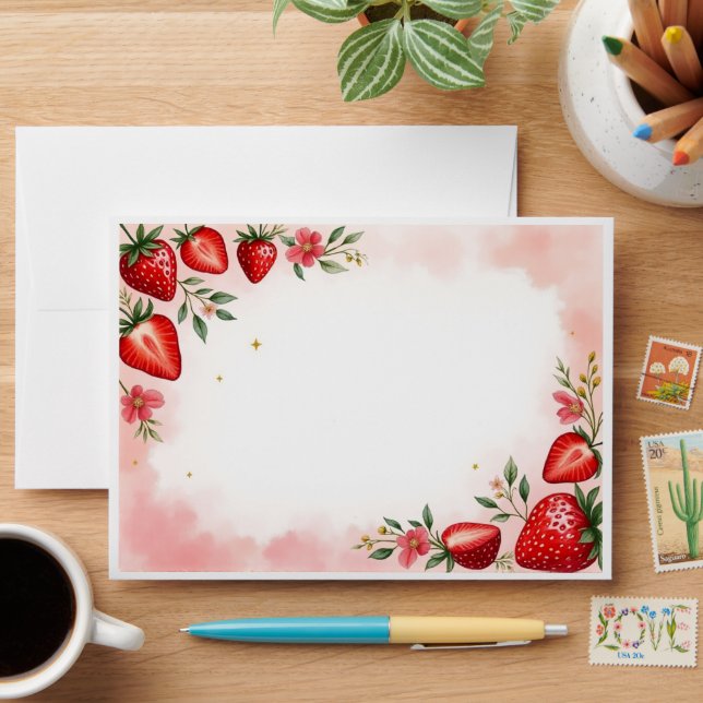 Strawberry Birthday Envelopes Watercolor Design (Desk)