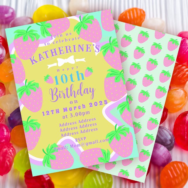 Strawberry Birthday Green Blue Invitation card (Sweet Strawberry Birthday Invitation Card. )