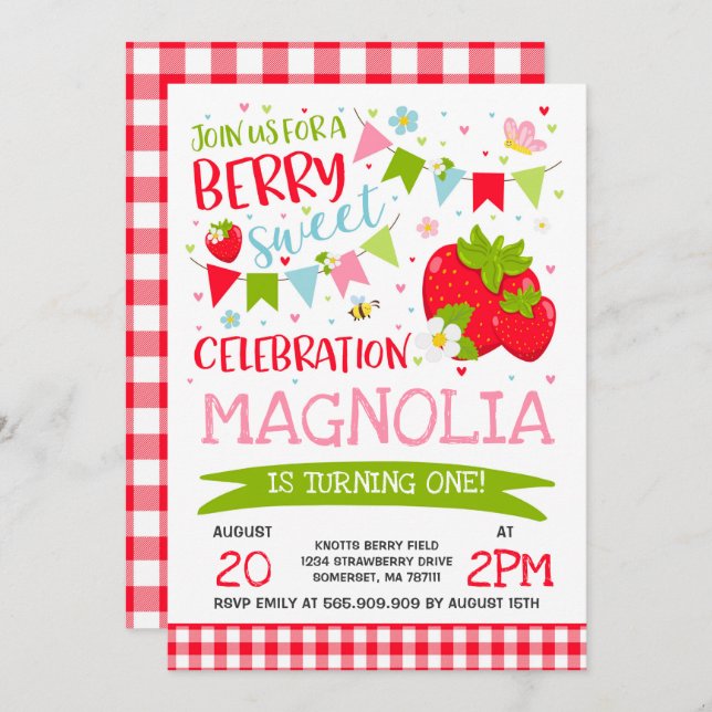 Strawberry Birthday Invitation Berry Sweet Party (Front/Back)