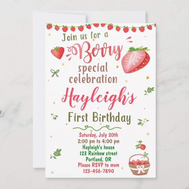 Strawberry birthday invitation Berry sweet party (Front)