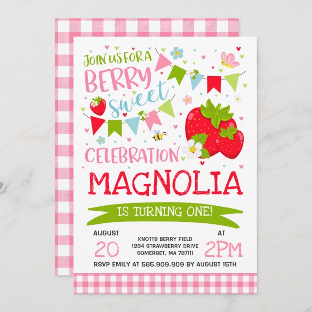 Strawberry Birthday Invitation Berry Sweet Party (Front/Back)