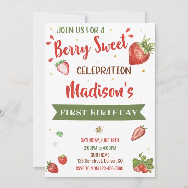 Strawberry birthday invitation First birthday girl (Front)