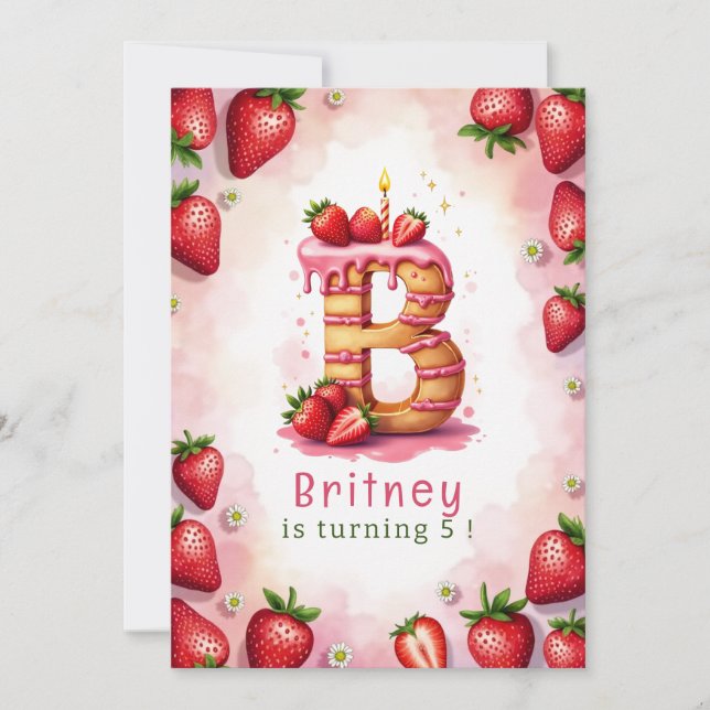 Strawberry Birthday Invitation Letter B Cake Theme (Front)