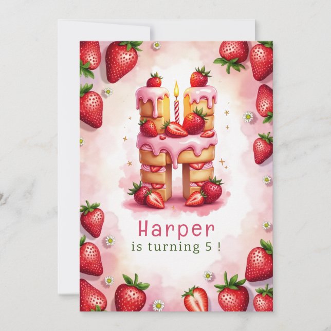 Strawberry Birthday Invitation Letter H Cake Theme (Front)