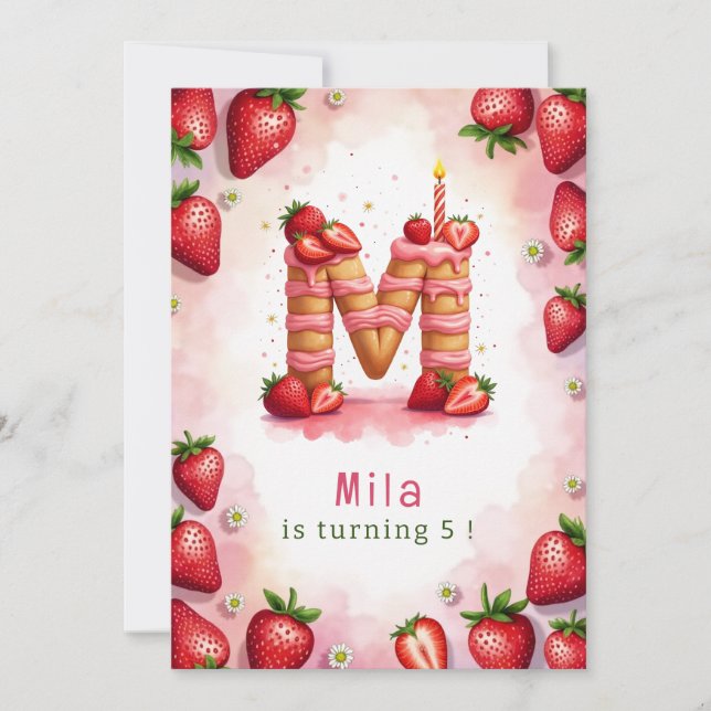 Strawberry Birthday Invitation Letter M Cake Theme (Front)