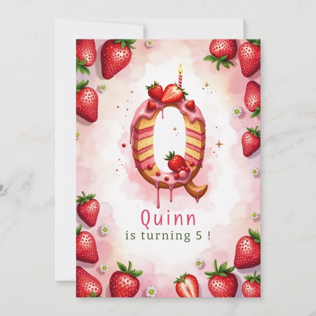 Strawberry Birthday Invitation Letter Q Cake Theme (Front)