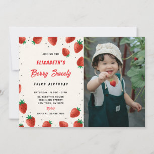 Strawberry Birthday Invitation Whit Photo