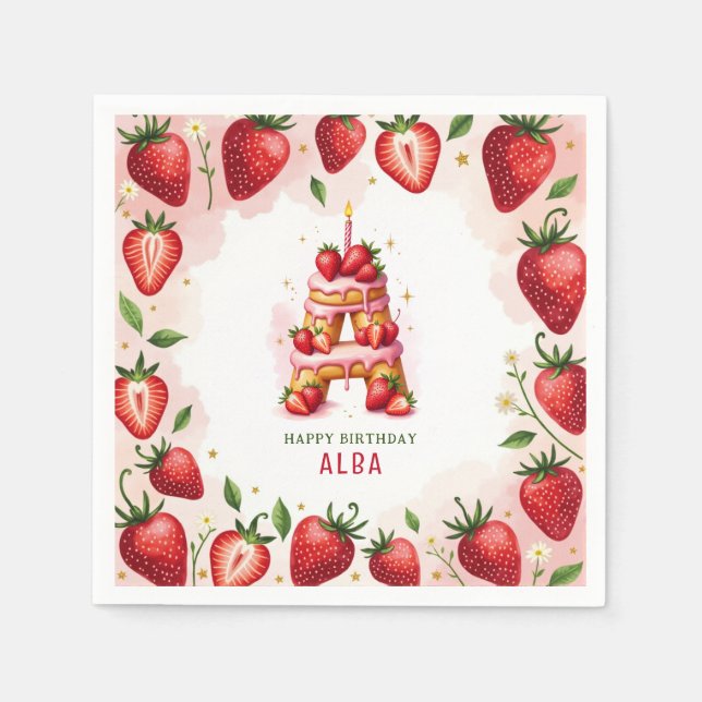 Strawberry Birthday Paper Napkin Letter A Cake (Front)