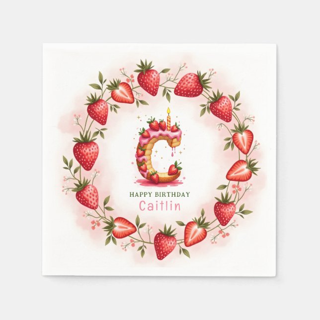 Strawberry Birthday Paper Napkin Letter C Cake (Front)