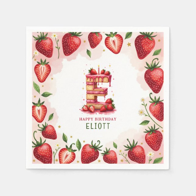 Strawberry Birthday Paper Napkin Letter E Cake (Front)