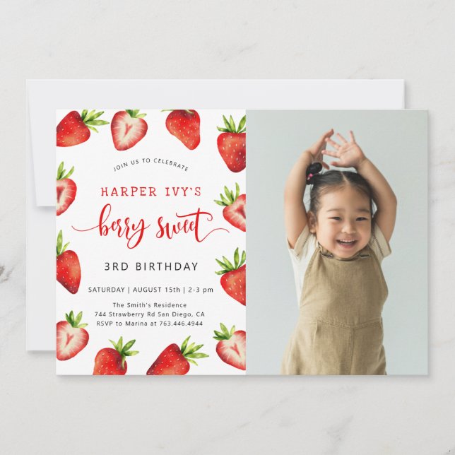 Strawberry Birthday Party | Berry Sweet Photo Invitation (Front)