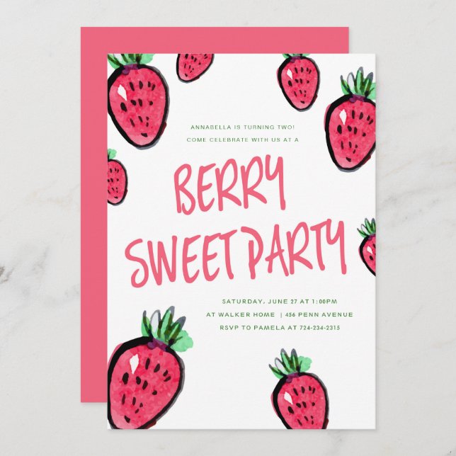 Strawberry Birthday Party Invitation Berry Sweet (Front/Back)