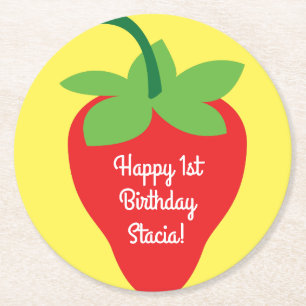 Strawberry Birthday Party Round Paper Coaster
