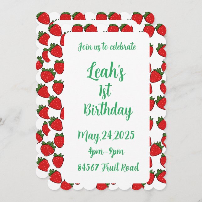 Strawberry Birthday Party Theme    Invitation (Front/Back)