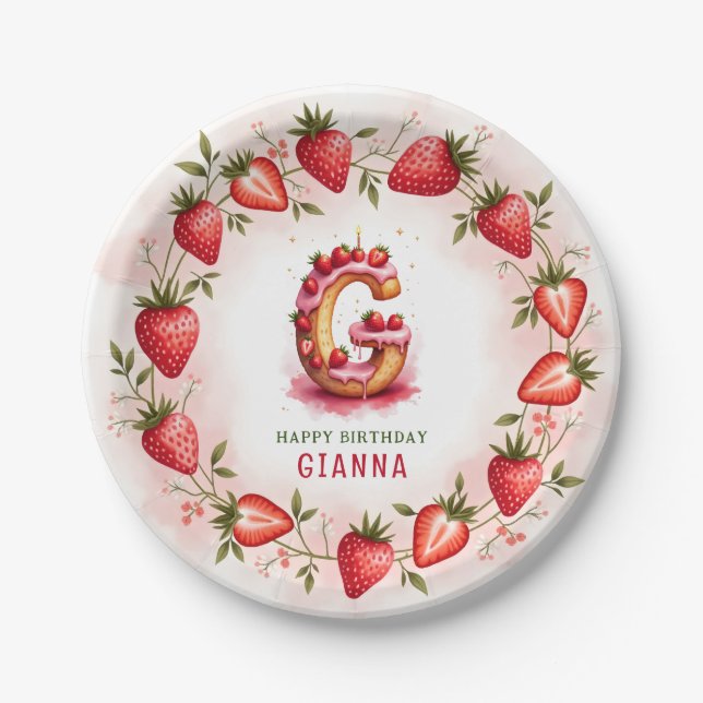 Strawberry Birthday Plate Letter G Cake Design (Front)