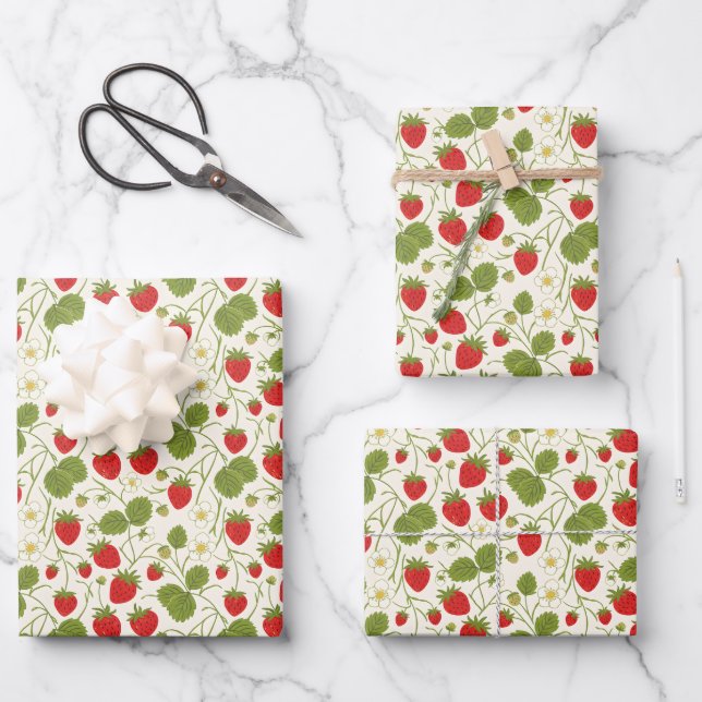 Strawberry Blossoms and Berries Pattern Wrapping Paper Sheet (Front)