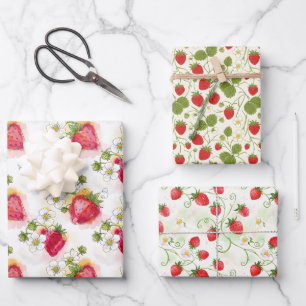 Strawberry Blossoms and Berries Three Patterns Wrapping Paper Sheet