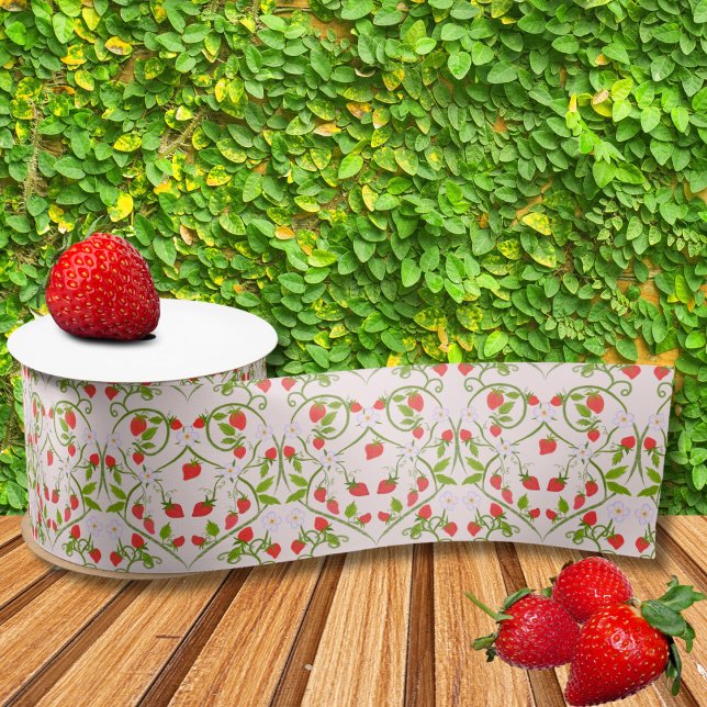 Strawberry Blossoms On Heart Vines Pattern Satin Ribbon (Creator Uploaded)