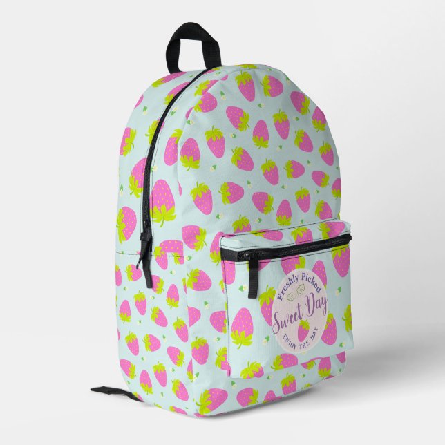 Strawberry Blue  Printed Backpack (Back Corner Left)