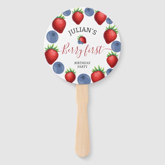 Strawberry Blueberry 1st Girl Birthday Party Photo Hand Fan (Front)