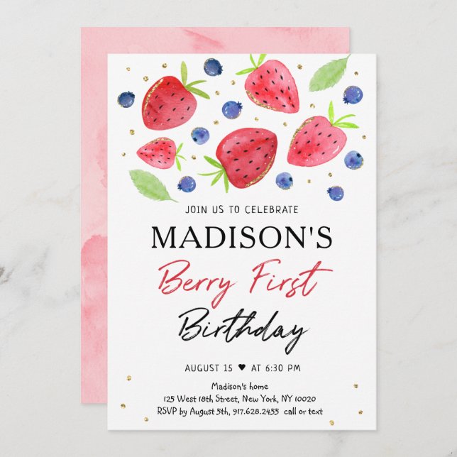 Strawberry Blueberry Berry First Birthday Invitation (Front/Back)