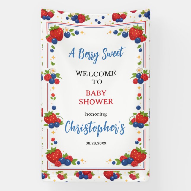 Strawberry Blueberry Berry Sweet Baby Shower Banner (Vertical)