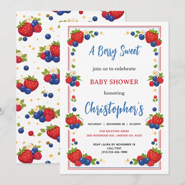 Strawberry Blueberry Berry Sweet Baby Shower Invitation (Front/Back)