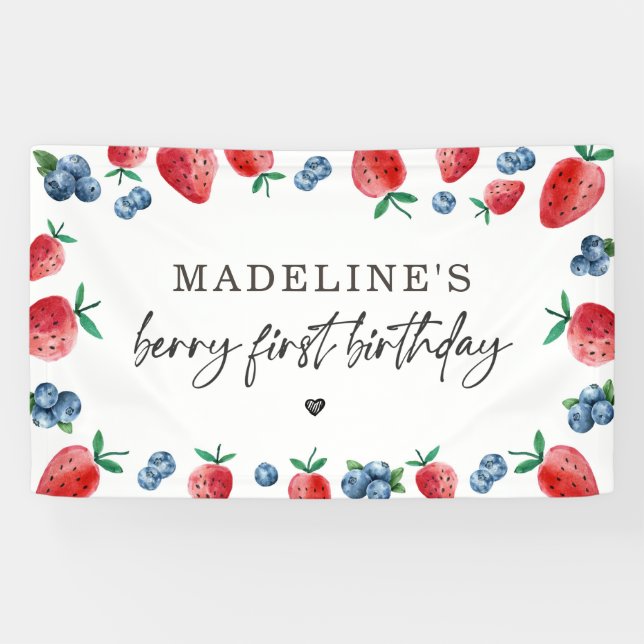 Strawberry Blueberry Berry Sweet Birthday Backdrop Banner (Horizontal)
