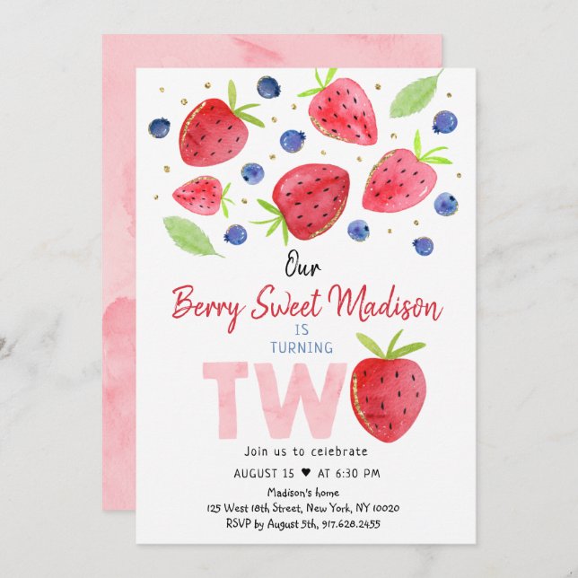 Strawberry Blueberry Berry Sweet Second Birthday Invitation (Front/Back)