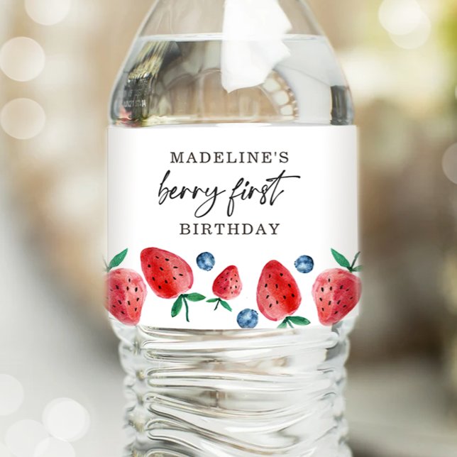 Strawberry Blueberry Sweet Berry Birthday Party Water Bottle Label (Creator Uploaded)