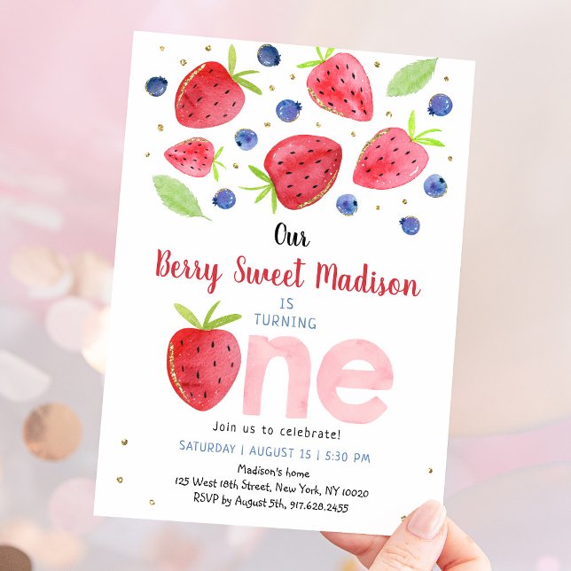 Strawberry Blueberry Watercolor 1st Birthday Invitation (Creator Uploaded)