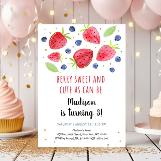 Strawberry Blueberry Watercolor 3rd Birthday Invitation (Creator Uploaded)
