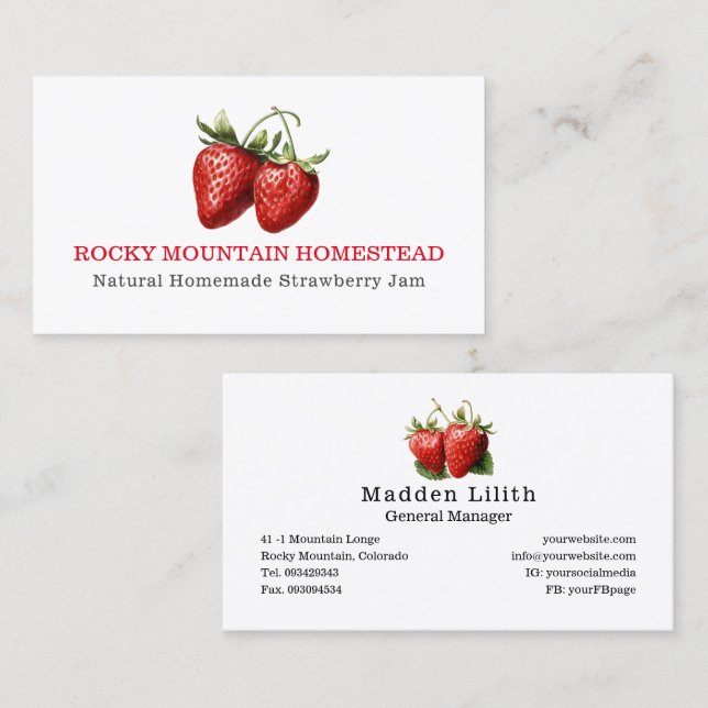 Strawberry Botanical Illustration Business Card (Front/Back)