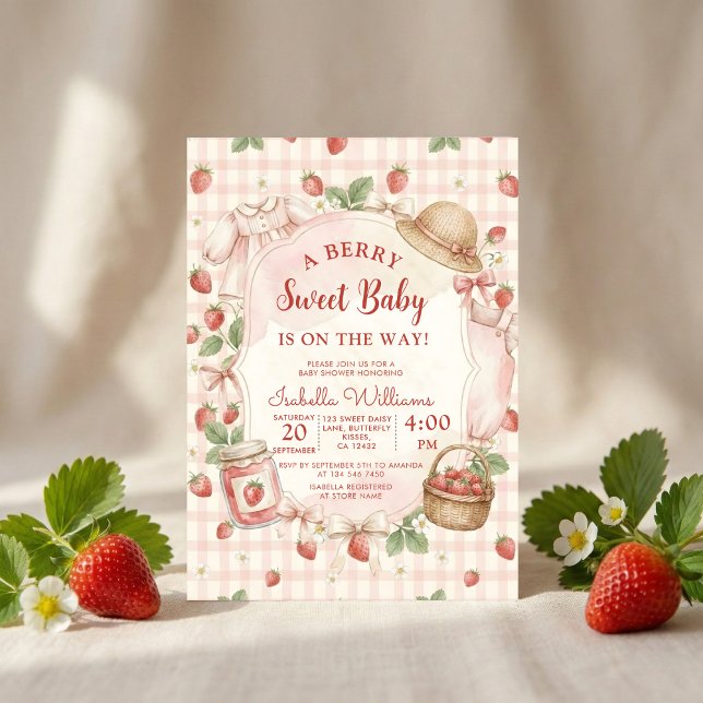 Strawberry bow baby shower First Berry Sweet Invitation (Creator Uploaded)